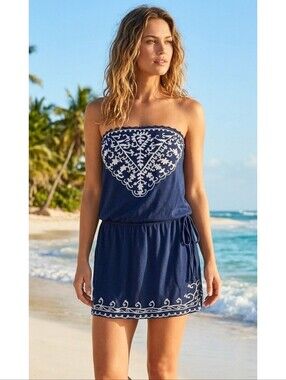 Venus Strapless Swim Coverup Dress Navy Embroidered  Size S